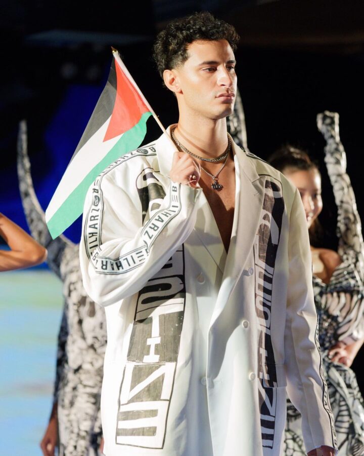 model holds palestinian flag at Beilharz fashion show at Runway 7 NYFW 2024